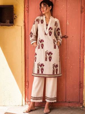 Cotton Floral Printed Straight Kurta With Lace Detailed Palazzo Set 1