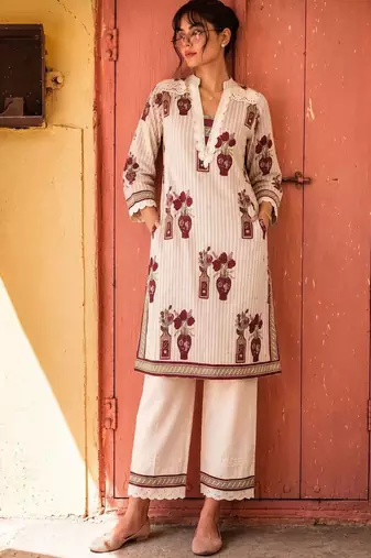 Cotton Floral Printed Straight Kurta With Lace Detailed Palazzo Set