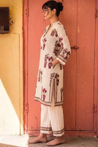 Cotton Floral Printed Straight Kurta With Lace Detailed Palazzo Set