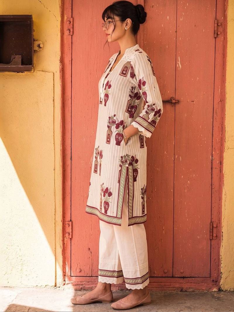 Cotton Floral Printed Straight Kurta With Lace Detailed Palazzo Set