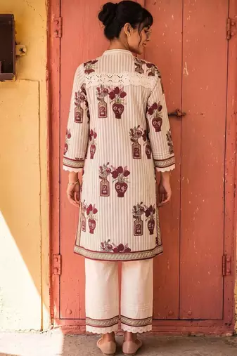 Cotton Floral Printed Straight Kurta With Lace Detailed Palazzo Set