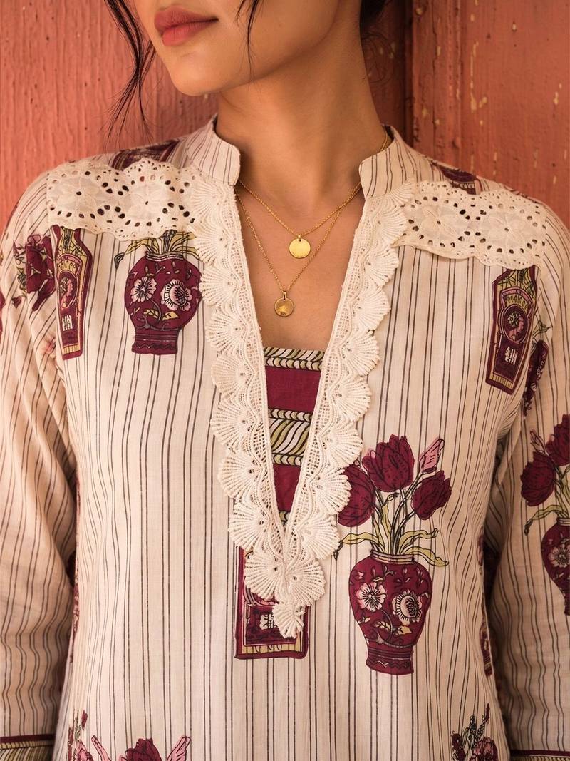 Cotton Floral Printed Straight Kurta With Lace Detailed Palazzo Set