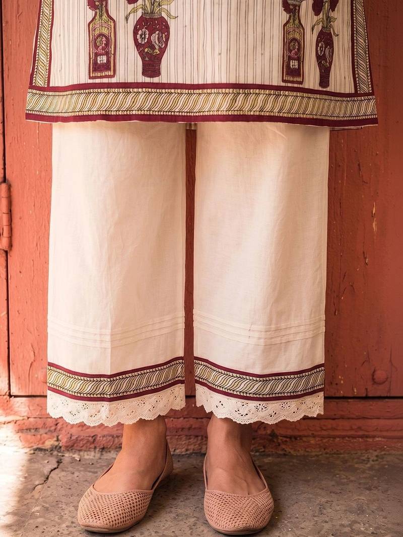 Cotton Floral Printed Straight Kurta With Lace Detailed Palazzo Set