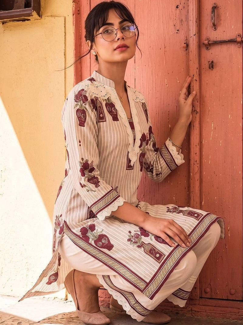 Cotton Floral Printed Straight Kurta With Lace Detailed Palazzo Set