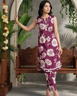 Women Floral Printed Regular Pure Cotton Kurta with Trousers 2