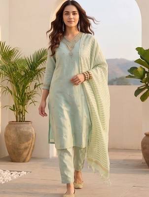 Women Ethnic Motifs Embroidered Regular Thread Work Kurta with Trousers & With Dupatta 1