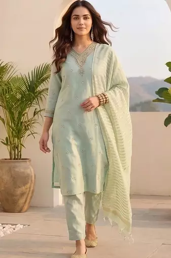 Women Ethnic Motifs Embroidered Regular Thread Work Kurta with Trousers & With Dupatta
