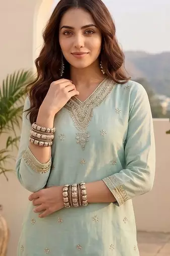 Women Ethnic Motifs Embroidered Regular Thread Work Kurta with Trousers & With Dupatta