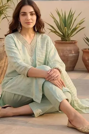 Women Ethnic Motifs Embroidered Regular Thread Work Kurta with Trousers & With Dupatta