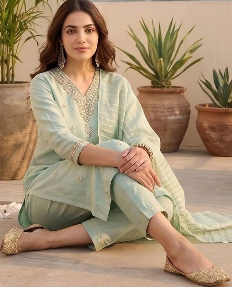 Women Ethnic Motifs Embroidered Regular Thread Work Kurta with Trousers & With Dupatta