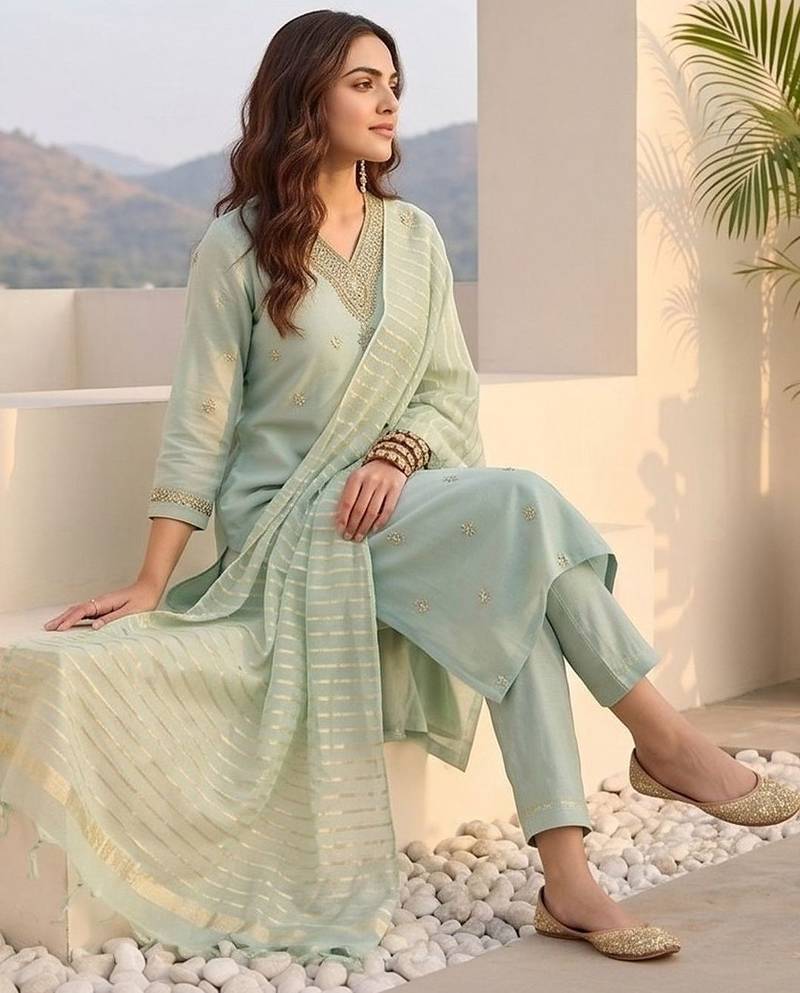Women Ethnic Motifs Embroidered Regular Thread Work Kurta with Trousers & With Dupatta
