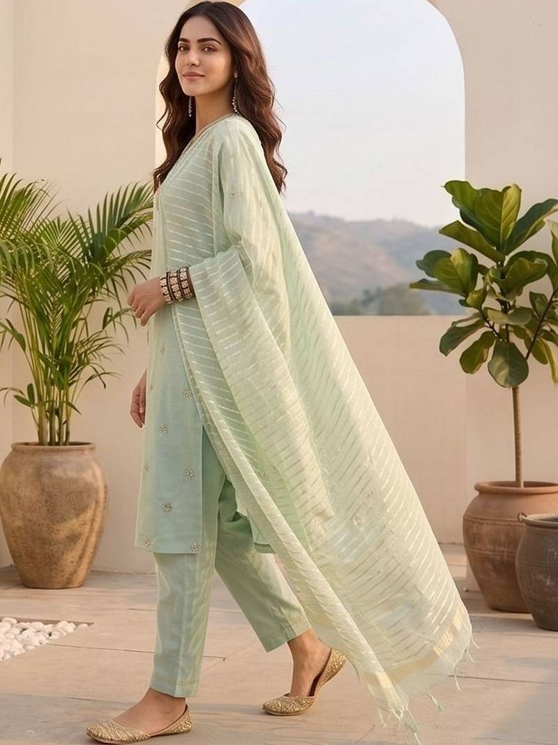 Women Ethnic Motifs Embroidered Regular Thread Work Kurta with Trousers & With Dupatta