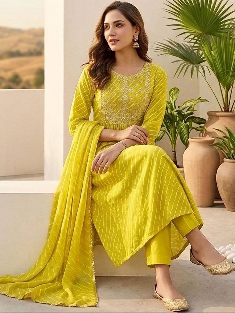 Women Printed Empire Thread Work Kurta with Trousers & With Dupatta