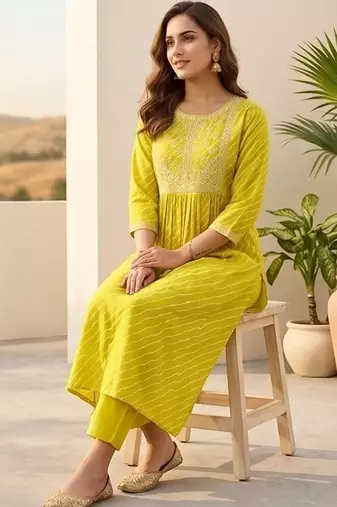 Women Printed Empire Thread Work Kurta with Trousers & With Dupatta