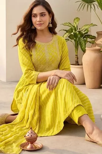 Women Printed Empire Thread Work Kurta with Trousers & With Dupatta