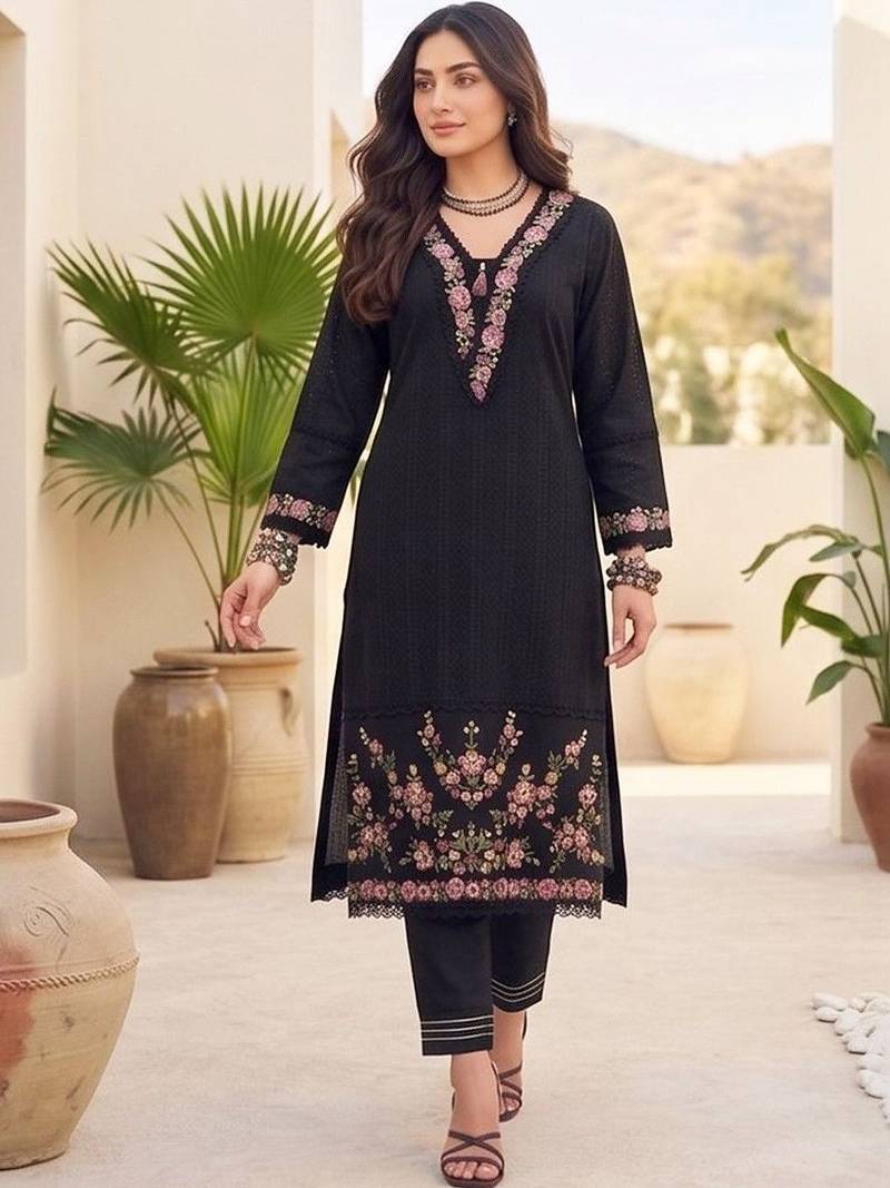 Women Floral Embroidered Pure Cotton Kurta with Trousers & With Dupatta