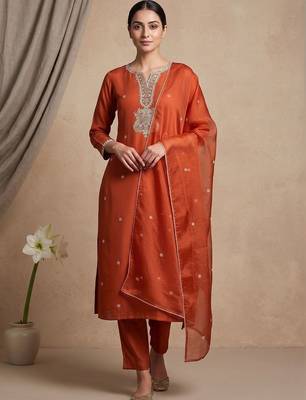 Women Ethnic Motifs Embroidered Regular Thread Work Kurta with Trousers & With Dupatta 1