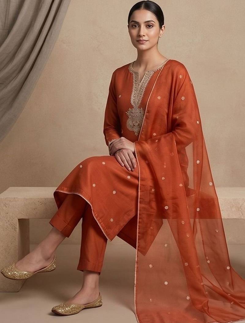 Women Ethnic Motifs Embroidered Regular Thread Work Kurta with Trousers & With Dupatta