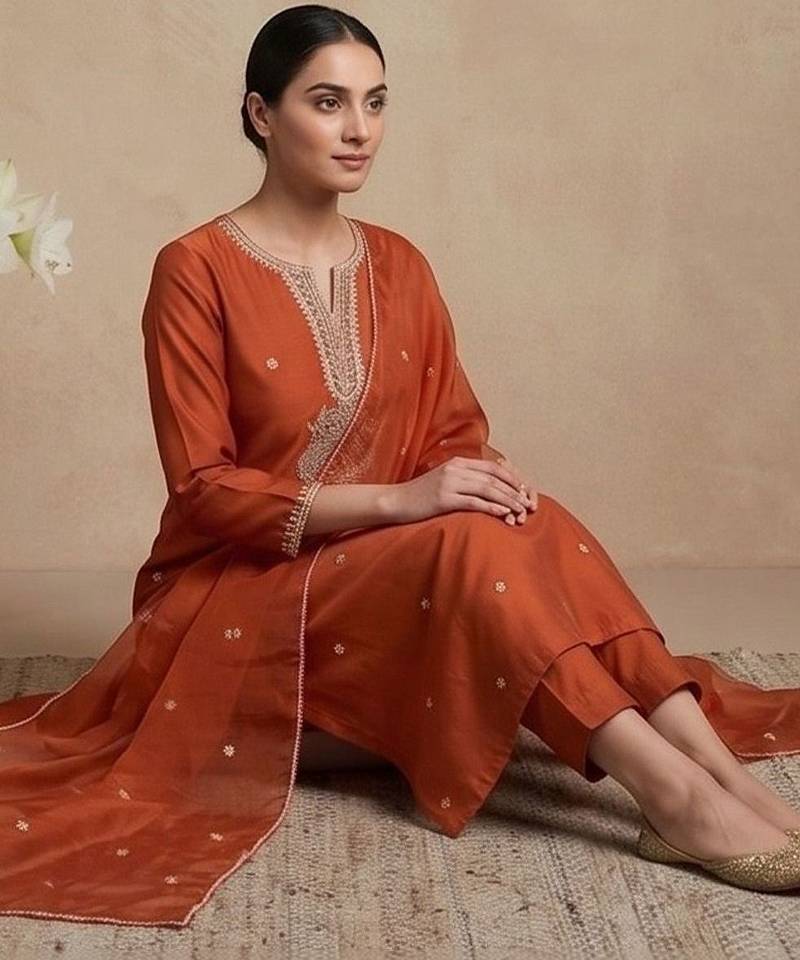 Women Ethnic Motifs Embroidered Regular Thread Work Kurta with Trousers & With Dupatta