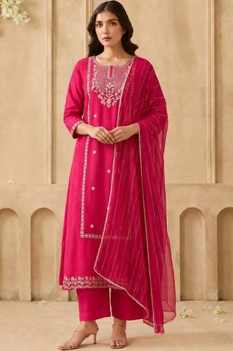 women ethnic motifs embroidered regular thread work kurta with trousers & with dupatta