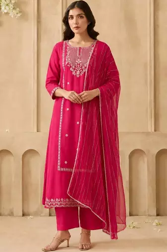 Women Ethnic Motifs Embroidered Regular Thread Work Kurta with Trousers & With Dupatta