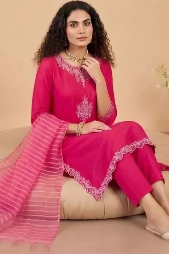 Women Ethnic Motifs Embroidered Regular Thread Work Kurta with Trousers & With Dupatta