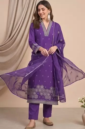 Women Ethnic Motifs Embroidered Regular Thread Work Kurta with Trousers & With Dupatta