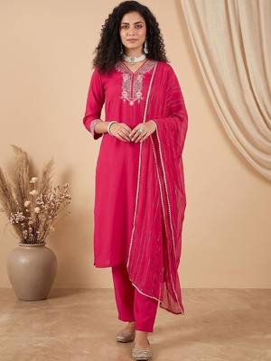 Women Ethnic Motifs Embroidered Regular Thread Work Kurta with Trousers & With Dupatta 1