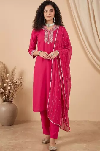 Women Ethnic Motifs Embroidered Regular Thread Work Kurta with Trousers & With Dupatta