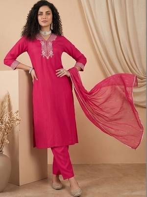 Women Ethnic Motifs Embroidered Regular Thread Work Kurta with Trousers & With Dupatta 4