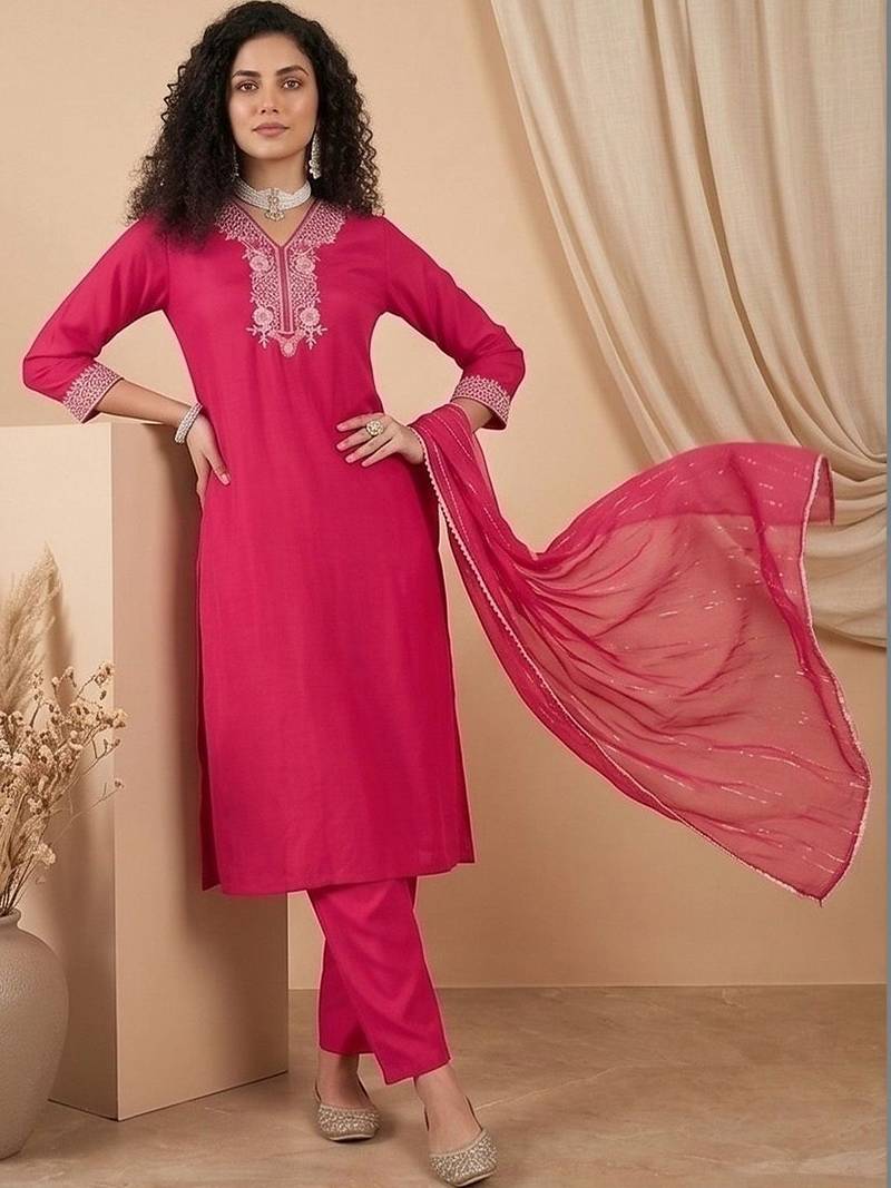 Women Ethnic Motifs Embroidered Regular Thread Work Kurta with Trousers & With Dupatta