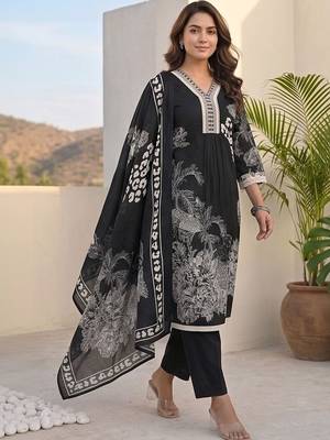 Women Ethnic Motifs Printed Regular Thread Work Pure Cotton Kurta with Trousers & With Dupatta 1