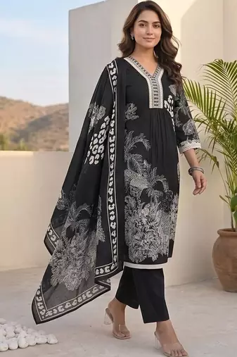 Women Ethnic Motifs Printed Regular Thread Work Pure Cotton Kurta with Trousers & With Dupatta