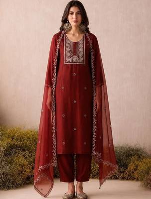 Women Ethnic Motifs Embroidered Regular Thread Work Kurta with Trousers & With Dupatta 1
