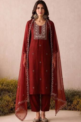 Women Ethnic Motifs Embroidered Regular Thread Work Kurta with Trousers & With Dupatta