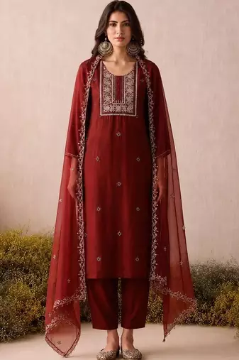 Women Ethnic Motifs Embroidered Regular Thread Work Kurta with Trousers & With Dupatta