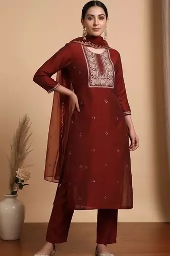 Women Ethnic Motifs Embroidered Regular Thread Work Kurta with Trousers & With Dupatta