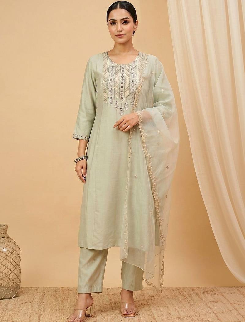 Women Ethnic Motifs Embroidered Regular Thread Work Kurta with Trousers & With Dupatta