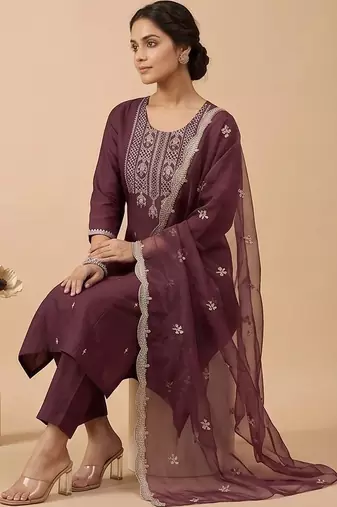 Women Ethnic Motifs Embroidered Regular Thread Work Kurta with Trousers & With Dupatta