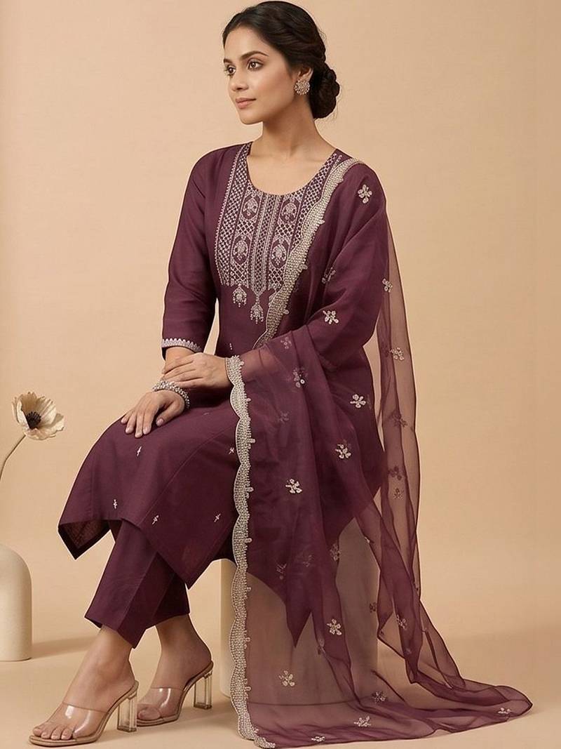 Women Ethnic Motifs Embroidered Regular Thread Work Kurta with Trousers & With Dupatta