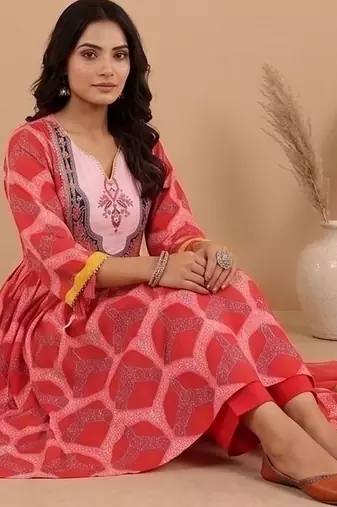 Women Printed Empire Kurta with Trousers & With Dupatta