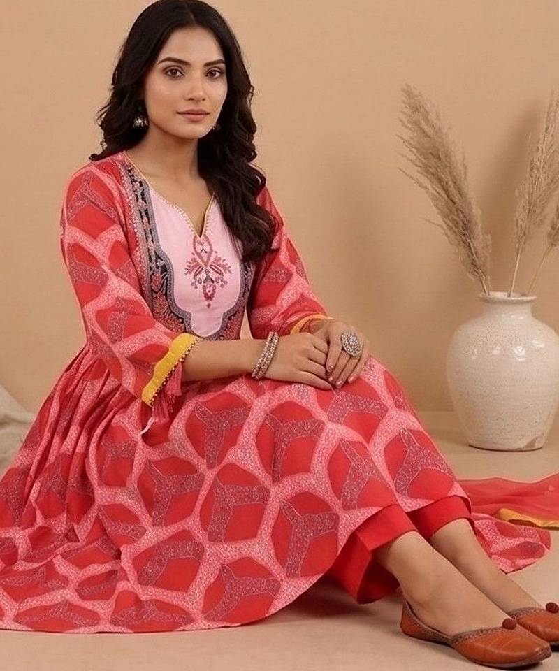 Women Printed Empire Kurta with Trousers & With Dupatta