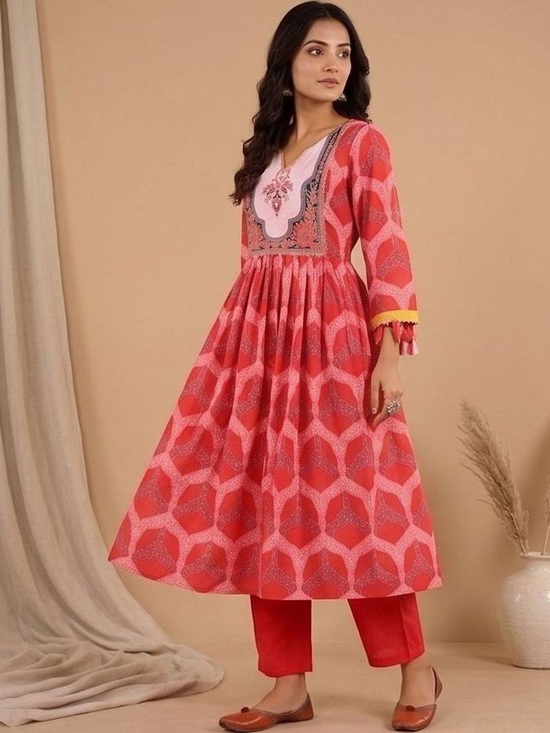 Women Printed Empire Kurta with Trousers & With Dupatta