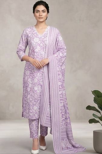 Women Floral Printed Regular Pure Cotton Kurta with Trousers & With Dupatta