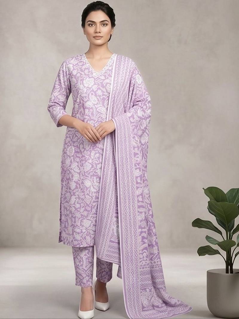 Women Floral Printed Regular Pure Cotton Kurta with Trousers & With Dupatta