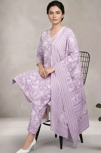 Women Floral Printed Regular Pure Cotton Kurta with Trousers & With Dupatta