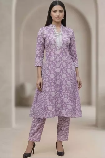 Women Floral Printed Regular Thread Work Pure Cotton Kurta with Trousers & With Dupatta