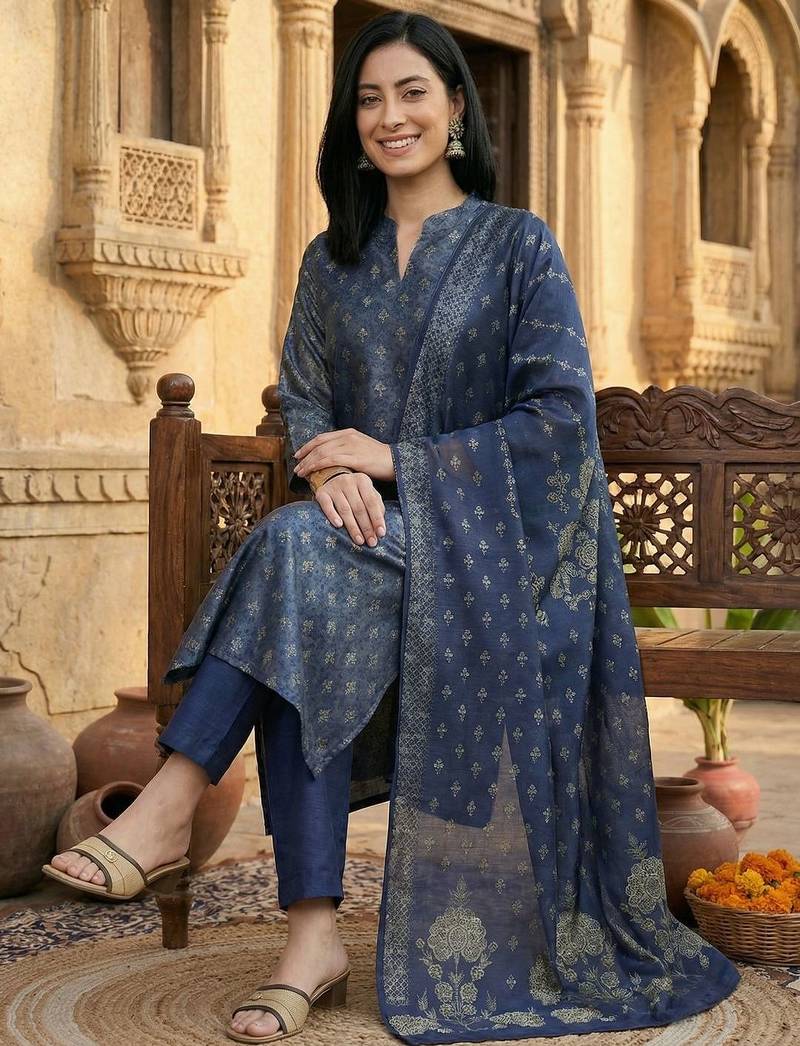 Women Floral Printed Regular Chanderi Silk Kurta with Trousers & With Dupatta