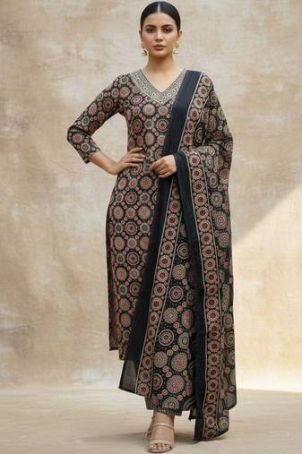 Women Ethnic Motifs Printed Regular Thread Work Pure Cotton Kurta with Trousers & With Dupatta