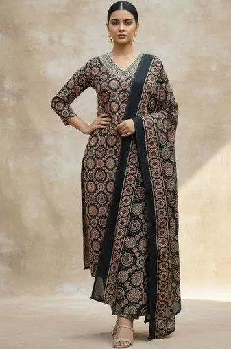 Women Ethnic Motifs Printed Regular Thread Work Pure Cotton Kurta with Trousers & With Dupatta